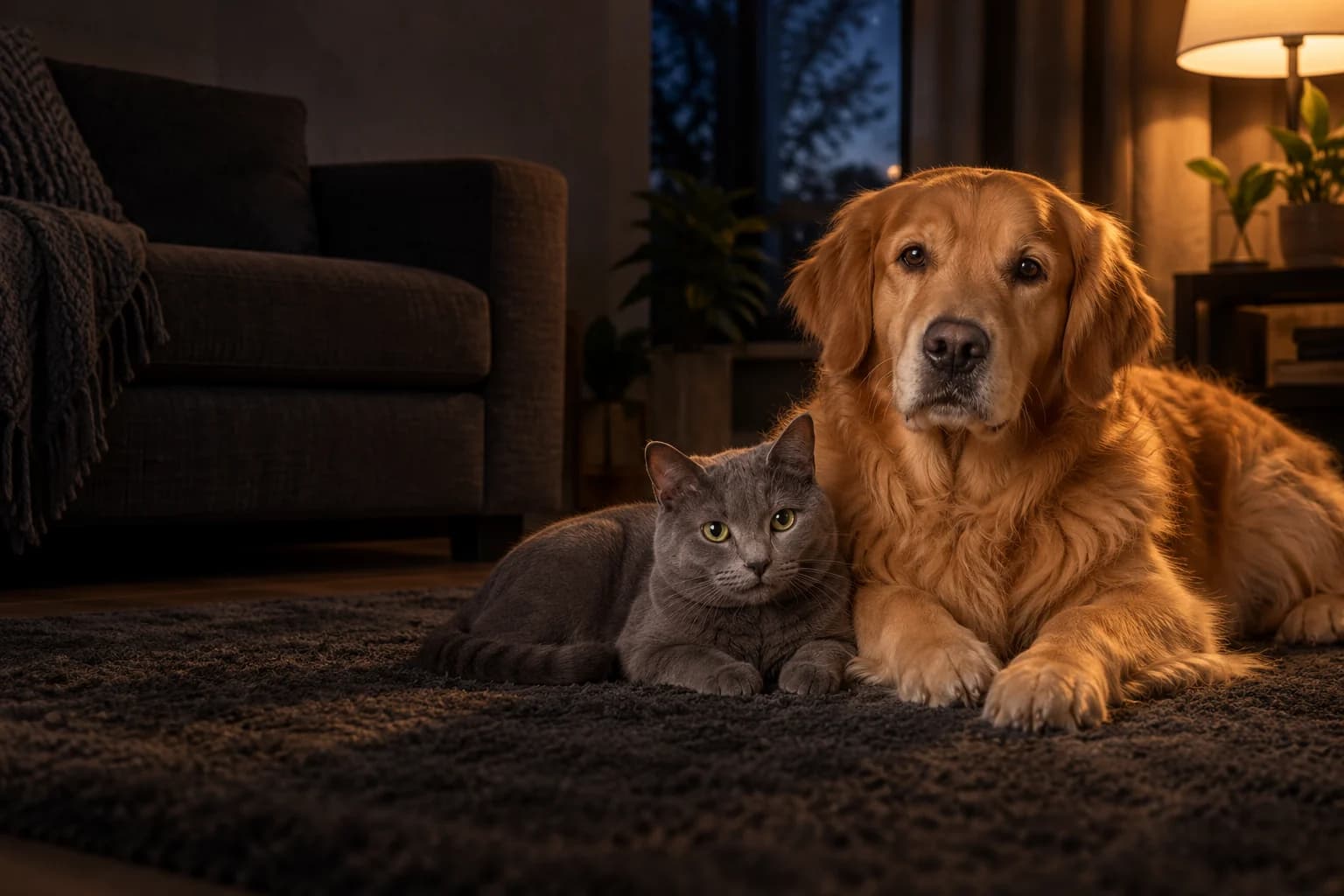 Un perro y un gato tranquilos en el interior de un hogar