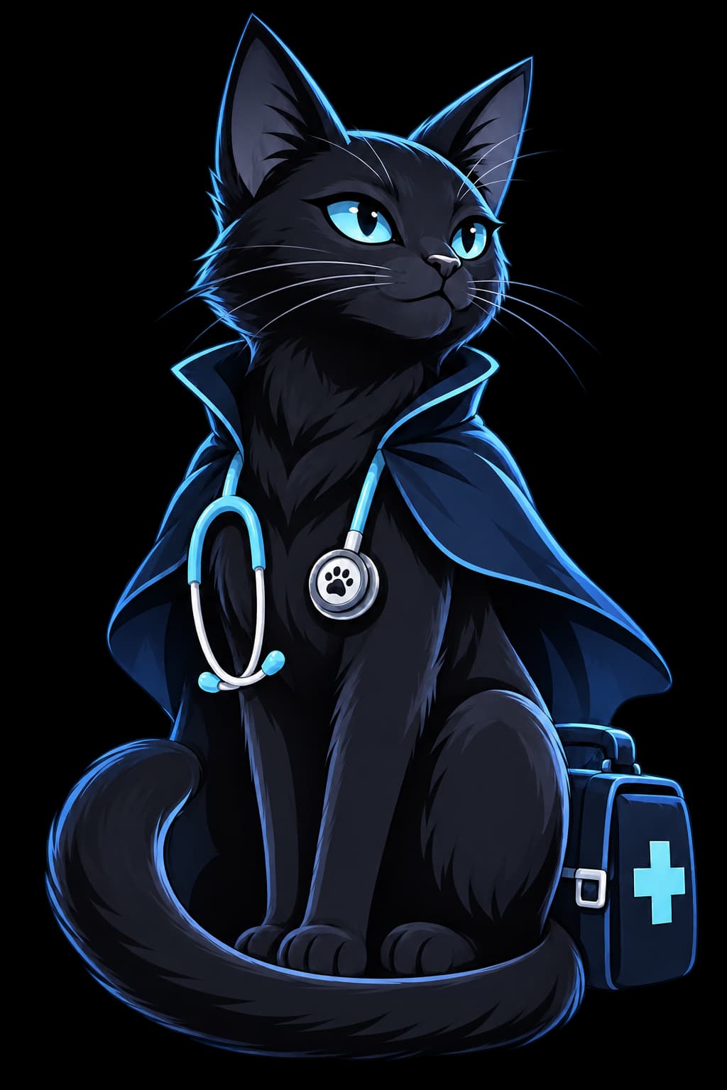 Gato Centinela con su capa azul, estetoscopio y maletín médico
